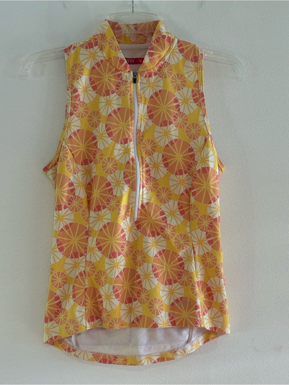 Terry Yellow Citrus-Print Sleeveless Zip Mock Neck Tank Top M